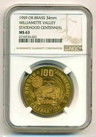 1959 Oregon Centennial Williamette Valley Good For 50 Cents Brass Token Ms63 Ngc