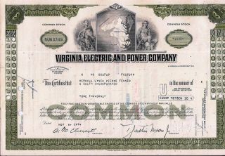 Stock Certificate Virginia Electric & Power Comp.  Broker Merrill Lynch 1974