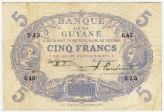 French Guyana 1901 (1922 - 1947) Issue 5 Francs Banknote Scarce Crisp Vf.  Pick 1.