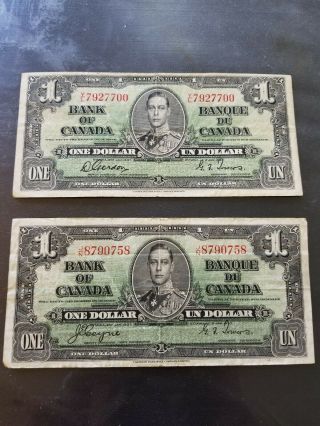 2 X 1937 Canadian $1 Dollar Bills Circulated.  Great Starter Set