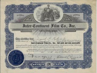 York 1914 Inter - Continent Film Co Stock Certificate 34