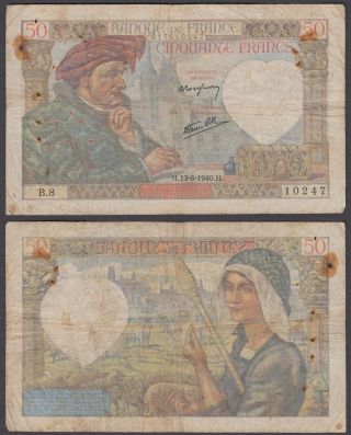 France 50 Francs 1940 (vg - F) Banknote Km 93