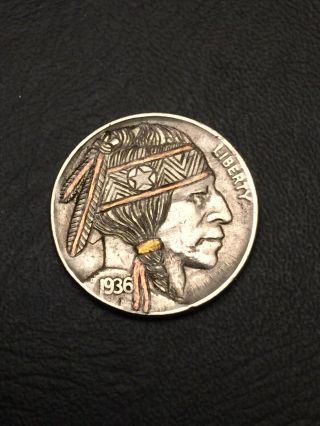 Hobo Nickel Hand Carved Engraved Ohns Native American Brave Gold Copper Inlay
