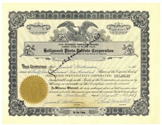 Hollywood Photo - Patents Corporation.  Stock Certificate.  Nevada.  1929