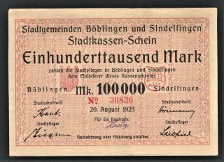 Vad - BÖblingen & Sindelfingen - 100,  000 Mark Inflation Note - 1 A/u