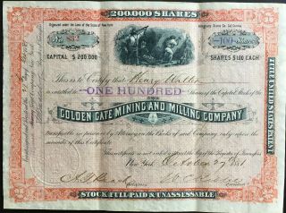 Golden Gate Mining & Milling Co Stock 1881.  Sierra County,  Ca.  Placer Gold.  Yuba