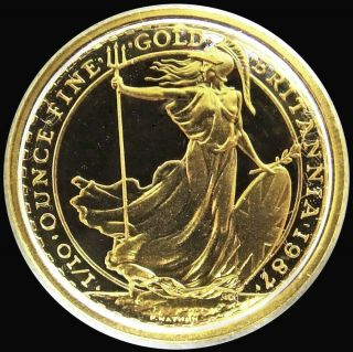 1987 Gold Great Britain 3.  12 Gram 10 Pounds Britannia Proof Coin In Capsule