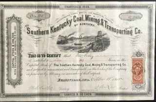 Southern Kentucky Coal,  Mining & Transportation Co Stock 1865.  Certif.
