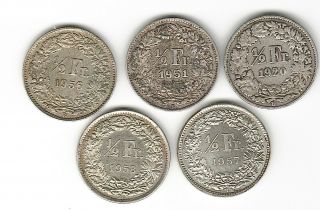 Switzerland 1/2 Franc 1920 - 1958,  5 Silver Coin S,  Swiss Helvetica