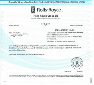 Rolls Royce Group Plc Stock Certificate 2007 Automobile Aviation Collectible