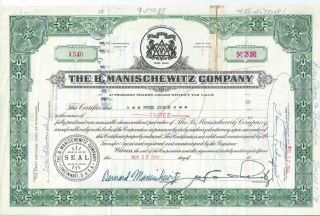 Manischewitz Company Stock Certificate 1948 Signed By Jos.  & Bernard Manischewitz