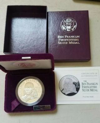1992 Proof Benjamin Franklin Firefighter Silver Medal With 1 Ounce Ag