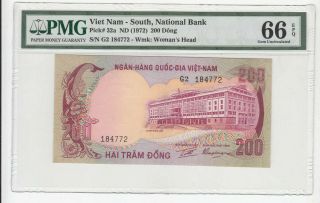 Ta0030 1972 Viet Nam - South National Bank 200 Dong Pick 32a Pmg 66 Epq Gem Unc