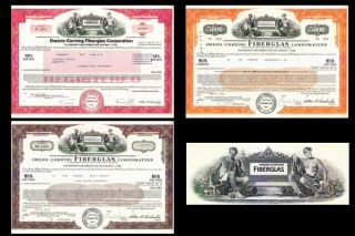 Set Of 3 Owens - Corning Fiberglas Corporation Stock Bond Certificates