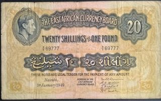 British East Africa 20 Shillings 1 Pound 1949 P 30 King George Kgvi Crisp Avf
