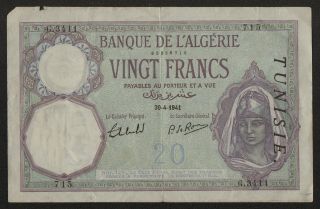 Tunisia (p06b) 20 Francs 1941 F,