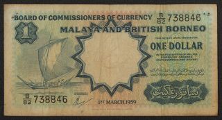 Malaya & British Borneo (p8a) 1 Dollar 1959 F,  Printer: Tdlr