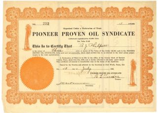 Pioneer Proven Oil Syndicate.  Stock Certificate.  Texas.