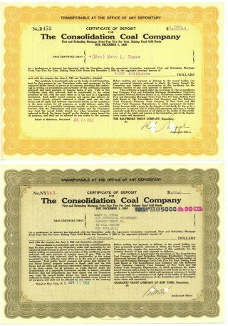 Consolidation Coal Company.  Set Of 2 Certificates Of Deposit.  1932