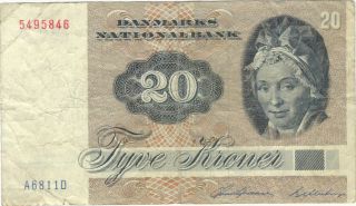 1972 20 Kroner Denmark Currency Banknote Note Money Bank Bill Cash