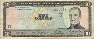 1971 El Banco Central De Reserva De El Salvador 10 Colones Pick: 118