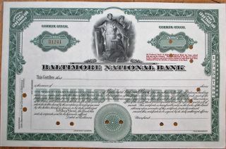 Baltimore National Bank 1940 Stock Certificate - Maryland Md - Specimen