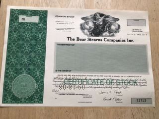 Bear Stearns Companies Inc. ,  1998 Specimen Stock Cert Odd Shrs Xf Green