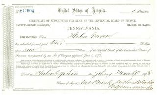 Centennial Board Of Finance.  Stock Certificate.  Pennsylvania.  1873