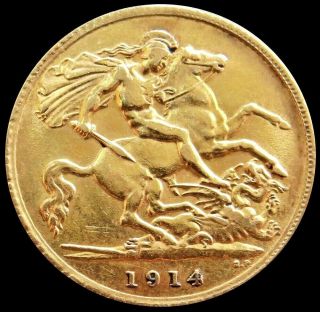 1914 Gold Great Britain 3.  994 Gram 1/2 Half Sovereign King George V Coin