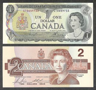 1973 Last $1.  00 & 1986 Last $2.  00 Crisp Bank Of Canada Qeii One & Two Dollars