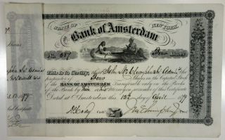 Ny.  Bank Of Amsterdam,  1879 4 Shrs I/u Capital Stock Certificate,  Vf - Xf