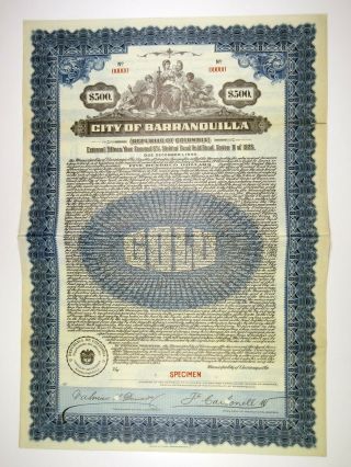 Colombia.  City Of Barranquilla 1925 Specimen $500 15 - Yr 8 Gold Coupon Bond Abnc