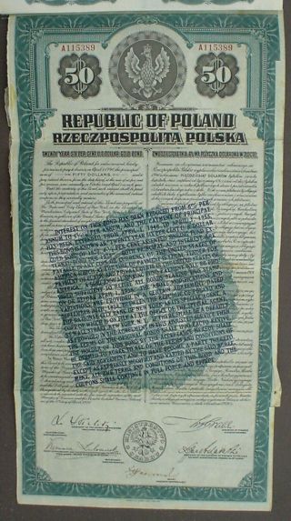 Republic Of Poland Twenty Year 6,  50 Us$ Gold Bond 1920 Uncancelled,  Coupons