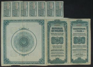Republic of Poland Twenty Year 6,  50 US$ Gold Bond 1920 uncancelled,  coupons 3