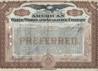 " Rare " - American Water And Guarantee Co.  - Brown Stock Certificate - 1912