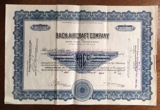 1929 Bach Aircraft Company Stock Certificate 100 Shares Art Deco Design
