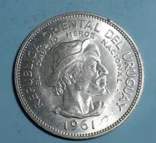 1961 Uruguay 10 Pesos Km 43 Gaucho Silver Coin 2