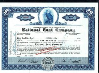Tw Vtg Stock Certificate - National Coal Company 100 Sahres 1959
