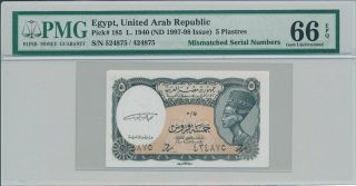 United Arab Republic Egypt 5 Piastres 1940 Mismatched Numbers Pmg 66epq