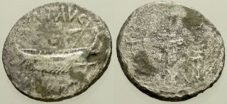 029.  Roman Silver Coin.  Marc Antony.  Ar Legion V Denarius.  Galley / Standards