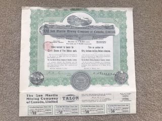 The San Martin Mining Company Of Canada 1913 Canadian Mines Stock Certificate