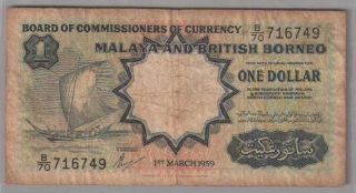 561 - 0088 Malaya & British Borneo| Commissioners,  1 Dollar,  1959,  Pick 8a,  F - Vf