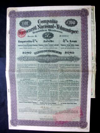 Mexico Ferrocarril Nacional Tehuantepec £ 100 Gold Bond 1904