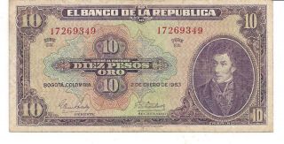 Colombia 10 Pesos De Oro 1963 2 De Enero 1963 Serie Ee