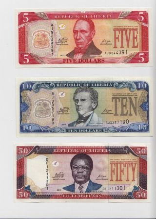 Liberia 5 10,  50 Dollars 2011 (p - 26,  27,  29) Unc Set