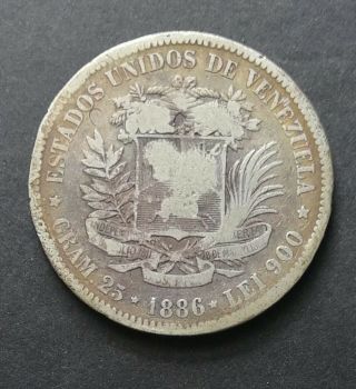 Silver Coin 1886 Venezuela 5 Bolivares Y 24.  1