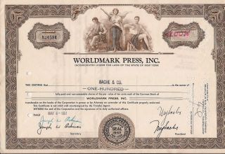 Stock Certificate Worldmark Press,  Inc.  100 Shares 1961 State Of York