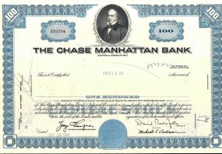 Stock Certificate Chase Manhattan Bank.  David Rockefeller State Of Ny Blue