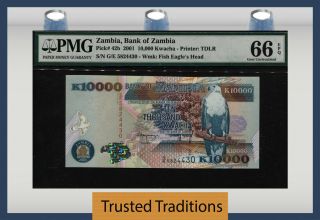 Tt Pk 42b 2001 Zambia Bank Of Zambia 10000 Kwacha " Fish Eagle " Pmg 66 Epq Gem
