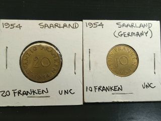 1954 Saarland 20 & 10 Franken Coin 2 X Coin (s)